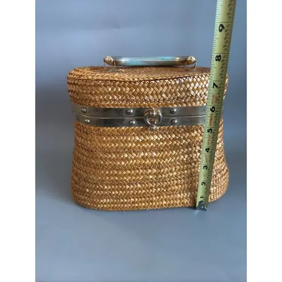 Vtg Straw Purse Oval Box Handbag Fabric Lined 1950s/ 1960s Italy - Read Details - Picture 14 of 15